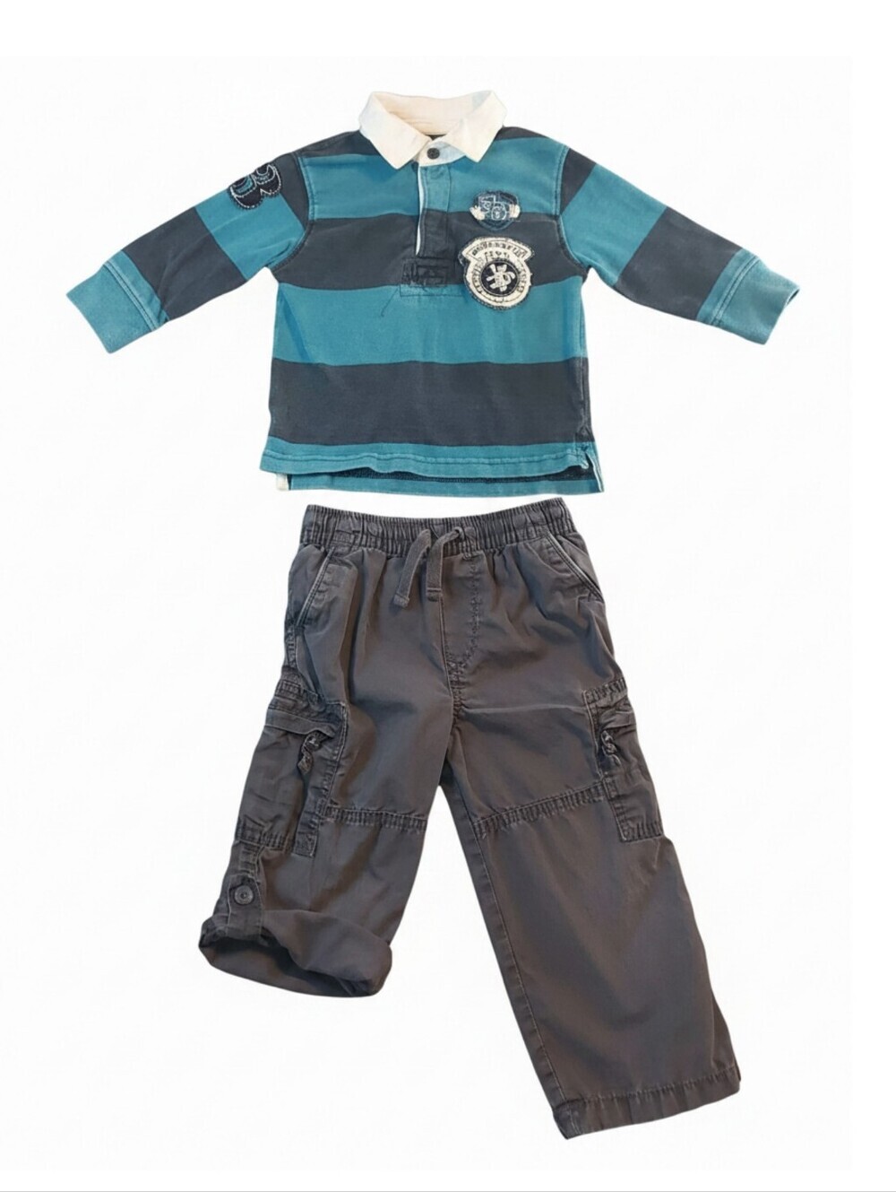 Vintage CURATED Boys Striped Rugby Polo & Cargo Pants Set - Teal & Charcoal